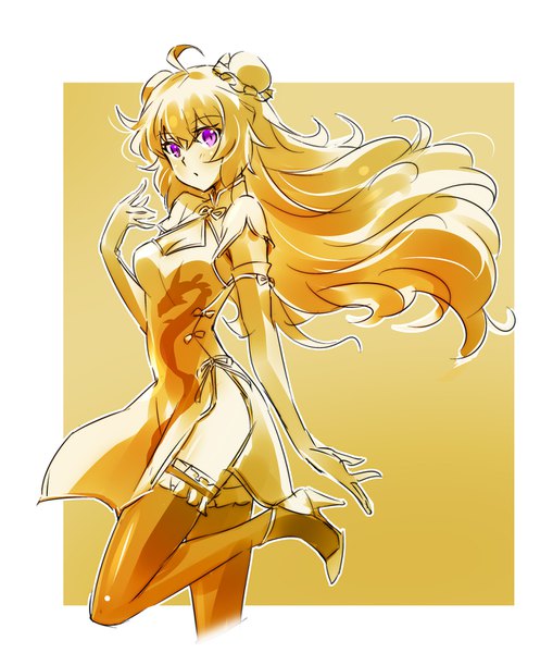 Anime picture 1280x1508 with rwby rooster teeth yang xiao long iesupa single long hair tall image looking at viewer breasts simple background blonde hair purple eyes ahoge traditional clothes hair bun (hair buns) high heels chinese clothes wavy hair cleavage cutout outline