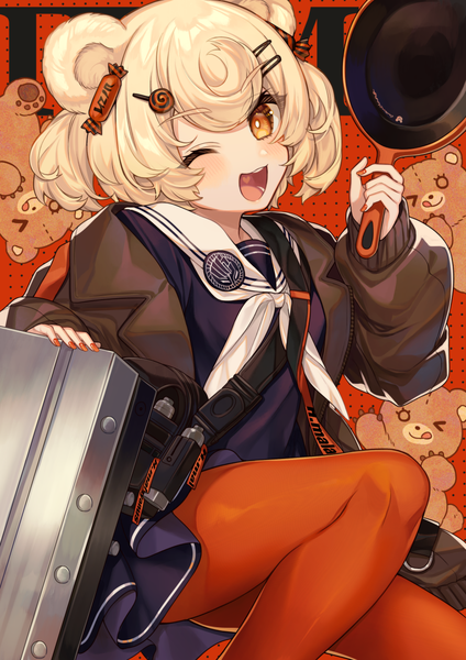 Anime picture 870x1230 with arknights gummy (arknights) karokuchitose single tall image looking at viewer short hair open mouth blonde hair animal ears one eye closed wink open jacket orange eyes two side up ;d sailor collar bear ears girl pantyhose