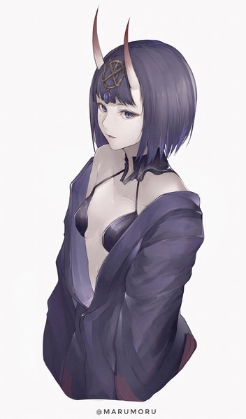 Anime picture 1173x1996 with fate (series) fate/grand order shuten douji (fate) marumoru single tall image looking at viewer fringe short hair breasts light erotic simple background white background purple eyes bare shoulders signed purple hair upper body horn (horns) off shoulder