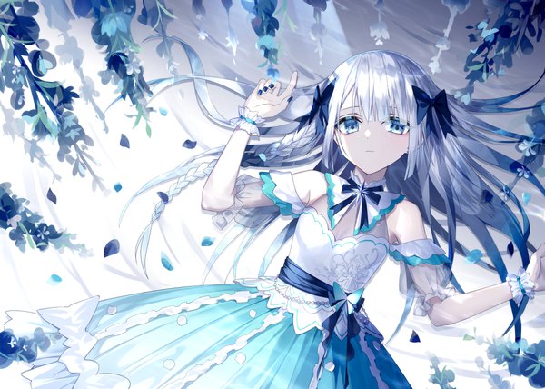 Anime picture 1200x856 with original kazunehaka single long hair looking at viewer blue eyes bare shoulders silver hair lying braid (braids) nail polish from above on back side braid girl dress bow hair bow petals