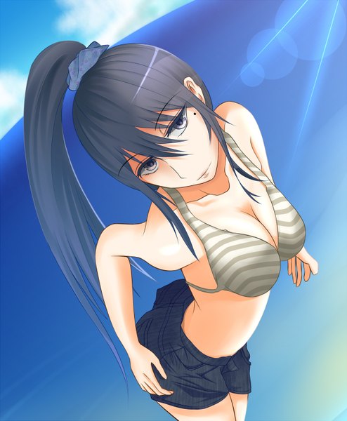 Anime picture 1200x1457 with original karube karu long hair tall image breasts blue eyes light erotic black hair ponytail girl shorts bikini top