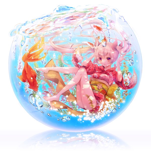 Anime picture 2200x2200 with vocaloid hatsune miku sakura miku ragi (pluie) single long hair highres red eyes twintails pink hair japanese clothes barefoot legs underwater girl kimono bubble (bubbles) fish (fishes) aquarium