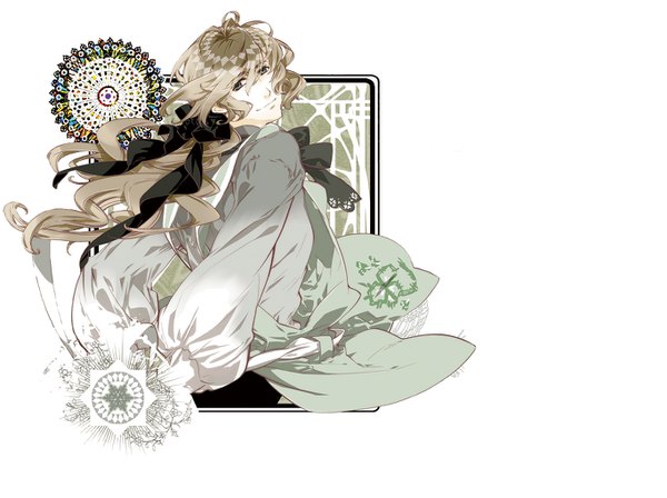 Anime picture 1366x1020 with haitaka no psychedelica lawrence (haitaka no psychedelica) yuiga satoru single long hair looking at viewer fringe simple background smile white background looking back wavy hair hands behind back pale skin boy