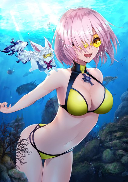 Anime picture 1062x1505 with fate (series) fate/grand order mash kyrielight fou (fate) yukihama single tall image looking at viewer fringe short hair breasts open mouth light erotic large breasts bare shoulders yellow eyes pink hair cleavage sunlight hair over one eye