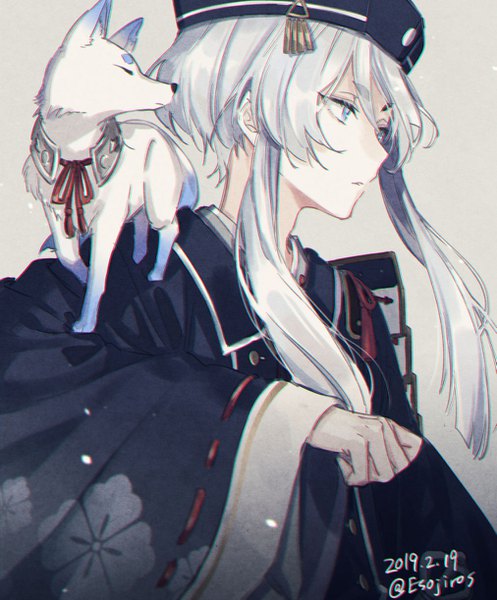 Anime picture 1011x1221 with touken ranbu nitroplus hakusan yoshimitsu hakusan yoshimitsu's fox amaichi esora single tall image short hair blue eyes simple background signed payot looking away silver hair upper body profile grey background twitter username dated military