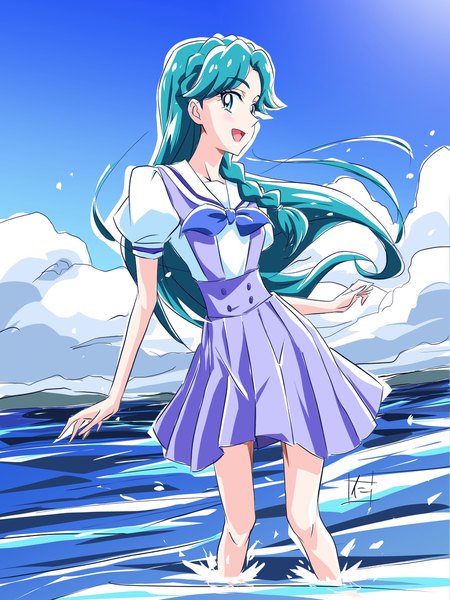 Anime picture 1536x2046 with precure go! princess precure toei animation kaidou minami nii manabu single long hair tall image looking at viewer blush open mouth signed sky cloud (clouds) braid (braids) :d aqua eyes wind aqua hair partially submerged