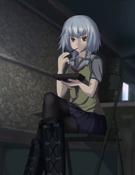 Anime picture 2550x3300 with ben-tou david production yarizui sen tall image looking at viewer highres short hair red eyes sitting braid (braids) grey hair legs twin braids eating girl skirt uniform school uniform miniskirt food