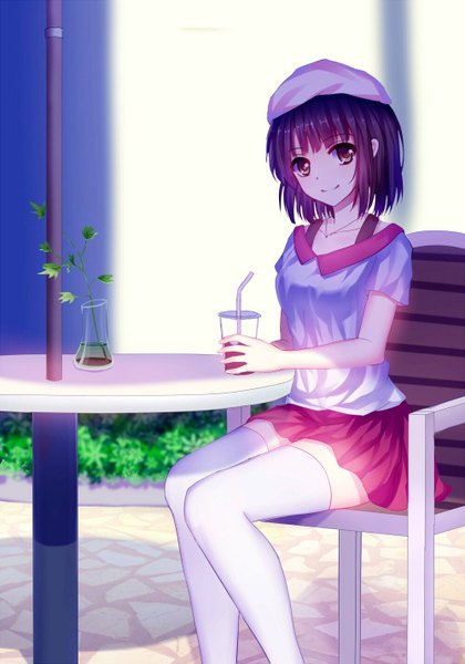 Anime picture 1000x1428 with saenai heroine no sodatekata a-1 pictures katou megumi meng xiao jiong single tall image looking at viewer fringe short hair black hair red eyes sitting outdoors light smile sunlight shadow zettai ryouiki thighs girl thighhighs