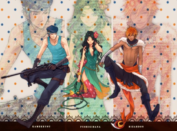 Anime picture 1350x1000 with pokemon nintendo charizard venusaur blastoise nama (artist) long hair short hair black hair hair flower orange hair aqua hair topless group polka dot zoom layer curly hair gen 1 pokemon personification girl