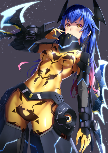 Anime picture 707x1000 with phantasy star phantasy star online 2 sega quna (pso2) zelsius yukikaze (siiver92zero) single long hair tall image looking at viewer blush fringe breasts light erotic simple background twintails yellow eyes blue hair pink hair parted lips