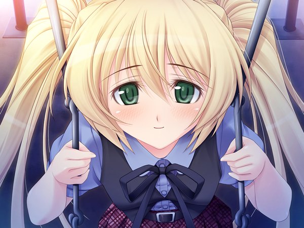 Anime picture 1024x768 with saimin seikatsu long hair blonde hair smile twintails green eyes game cg loli girl swing