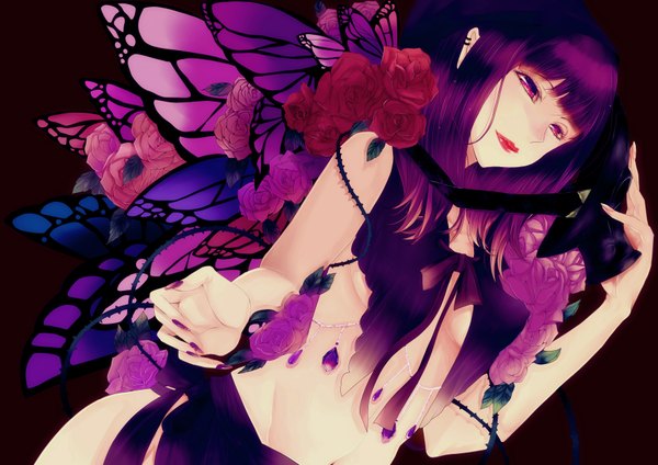 Anime picture 3541x2507 with original setsuji single long hair highres breasts open mouth light erotic simple background red eyes looking away pink hair absurdres nail polish light smile lipstick black background insect wings butterfly wings girl