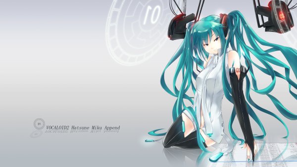 Anime picture 2560x1440 with vocaloid vocaloid append hatsune miku hatsune miku (append) muhu-nagi single long hair highres wide image twintails aqua eyes aqua hair girl gloves necktie elbow gloves fingerless gloves