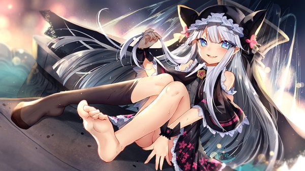 Anime picture 1920x1080 with witch's weapon bison cangshu single long hair looking at viewer blush fringe highres open mouth blue eyes light erotic hair between eyes wide image sitting bare shoulders animal ears payot silver hair full body barefoot