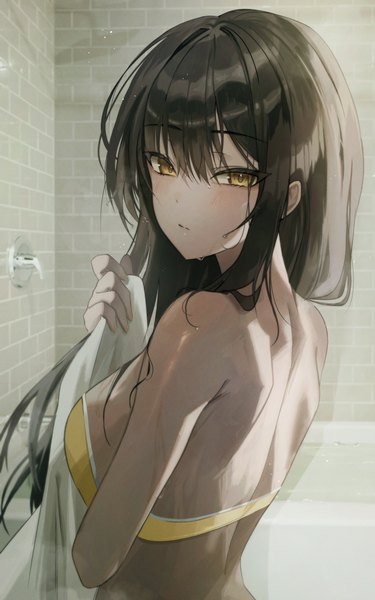 Anime picture 2500x4000 with blue archive karin (blue archive) jaduade single long hair tall image looking at viewer blush fringe highres breasts light erotic black hair hair between eyes holding yellow eyes upper body wet turning head dark skin