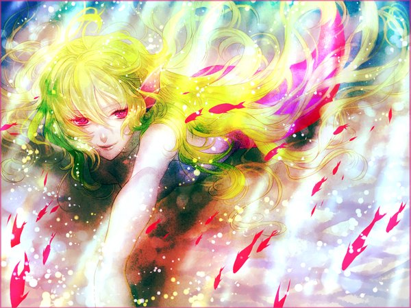 Anime picture 1400x1050 with original tayuya1130 single long hair blonde hair smile pink eyes sunlight topless underwater girl water fish (fishes) mermaid