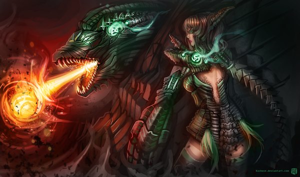 Anime picture 1600x944 with league of legends shyvana (league of legends) kashuse (artist) single long hair black hair wide image green eyes looking away profile horn (horns) realistic teeth sharp teeth girl armor fire dragon