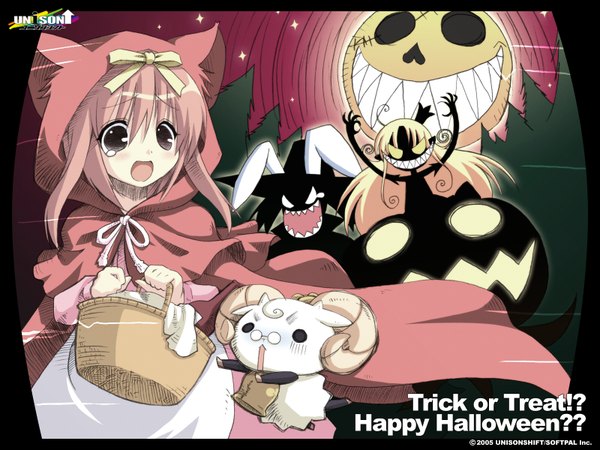 Anime picture 1600x1200 with little red riding hood nanatsuiro drops wagamama capriccio little red riding hood (character) akihime sumomo melissa seraphy halloween happy halloween trick or treat tagme