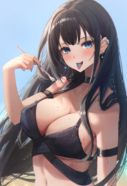 Anime picture 2420x3541 with original amane sora single long hair tall image looking at viewer blush fringe highres breasts blue eyes light erotic black hair large breasts holding sky cleavage upper body outdoors blunt bangs