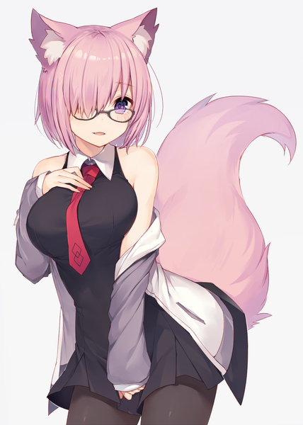 Anime picture 750x1050 with fate (series) fate/grand order mash kyrielight muryotaro single tall image looking at viewer blush fringe short hair breasts light erotic simple background large breasts purple eyes bare shoulders animal ears purple hair tail parted lips