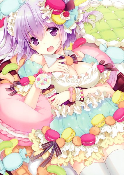 Anime picture 4044x5695 with mottsun single tall image looking at viewer highres short hair open mouth purple eyes absurdres cleavage purple hair lying scan on back girl thighhighs dress white thighhighs food frills