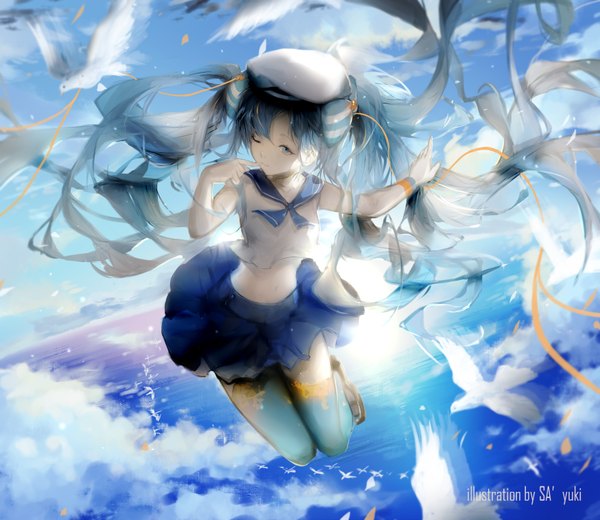 Anime picture 1748x1516 with vocaloid hatsune miku marine miku sa'yuki single fringe highres blue eyes twintails looking away sky bent knee (knees) outdoors very long hair pleated skirt one eye closed from above sunlight zettai ryouiki floating hair