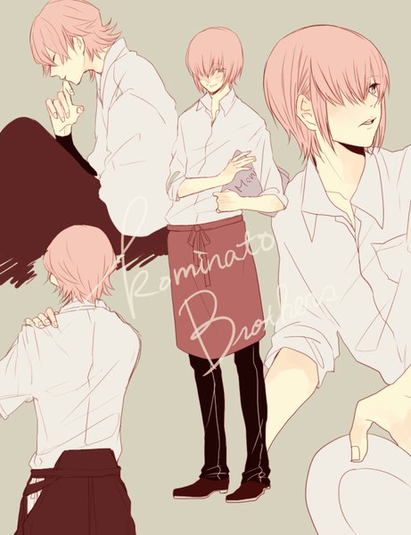 Anime picture 769x1000 with daiya no ace production i.g kominato ryosuke kominato haruichi tsubaki tall image fringe short hair open mouth simple background standing sitting looking away pink hair eyes closed profile pink eyes from behind hair over one eye grey background