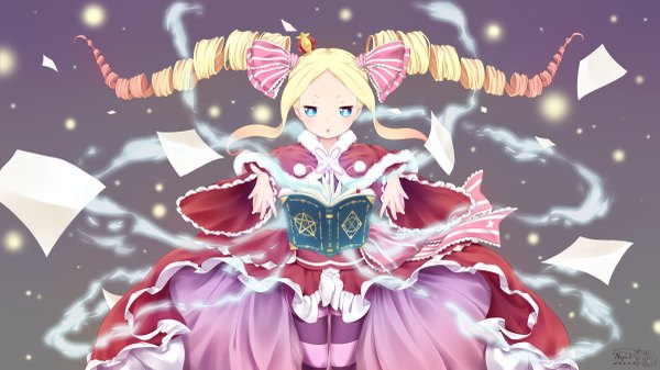 Anime-Bild 4800x2700 mit re:zero kara hajimeru isekai seikatsu white fox beatrice (re:zero) neps-l long hair highres blue eyes blonde hair wide image twintails absurdres loli drill hair symbol-shaped pupils girl dress bow hair bow book (books) paper