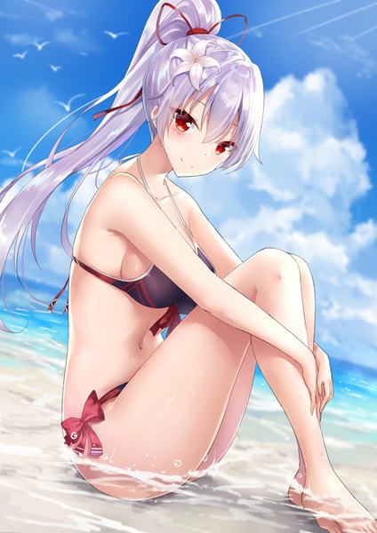 Anime picture 800x1132 with fate (series) fate/grand order tomoe gozen (fate) rong yi tan single long hair tall image looking at viewer blush fringe breasts light erotic smile hair between eyes red eyes large breasts sitting bare shoulders sky silver hair
