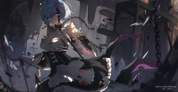 Anime picture 1600x827 with re:zero kara hajimeru isekai seikatsu white fox rem (re:zero) lm520lm520 single looking at viewer fringe short hair breasts blue eyes hair between eyes wide image large breasts holding signed blue hair sunlight maid copyright name torn clothes