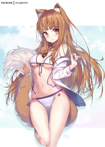 Anime picture 716x1000 with spice and wolf horo hong (white spider) single long hair tall image looking at viewer blush fringe breasts light erotic red eyes brown hair standing signed animal ears cleavage bent knee (knees) tail blunt bangs