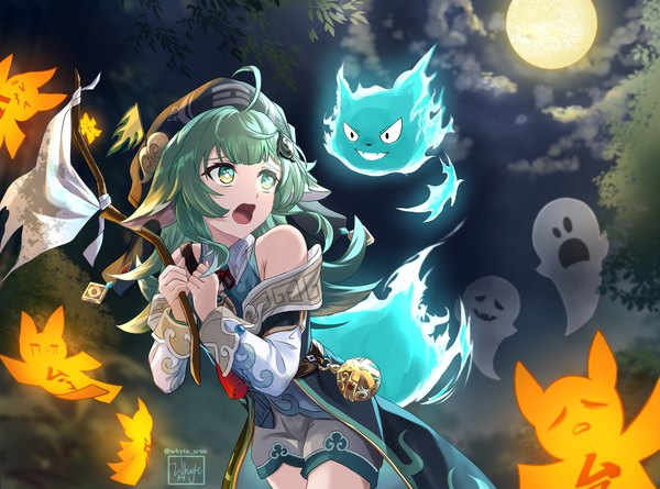 Anime picture 3120x2312 with honkai: star rail honkai (series) huohuo (honkai: star rail) tail (honkai: star rail) whyte srsn single long hair highres open mouth green eyes signed animal ears looking away absurdres ahoge outdoors green hair night ghost scared