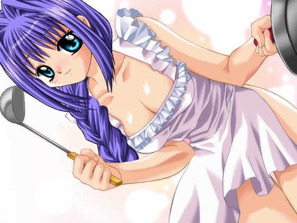 Anime picture 1024x768 with kanon key (studio) minase akiko breasts blue eyes light erotic blue hair braid (braids) naked apron girl apron ladle