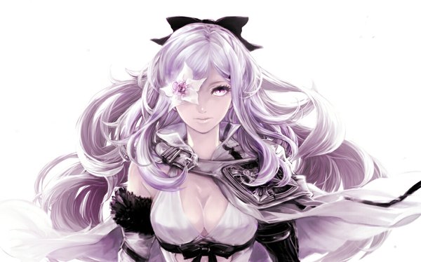 Anime picture 1133x708 with drakengard drag-on dragoon 3 zero (drag-on dragoon) cyanblue single long hair looking at viewer fringe breasts simple background wide image large breasts white background pink hair cleavage pink eyes wind pale skin underbust covering eye (eyes)