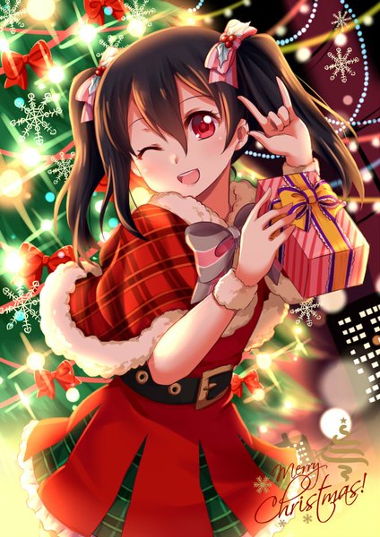 Anime picture 661x935 with love live! school idol project sunrise (studio) love live! yazawa nico villyane single long hair tall image black hair red eyes twintails one eye closed wink inscription fur trim light christmas merry christmas mmm girl