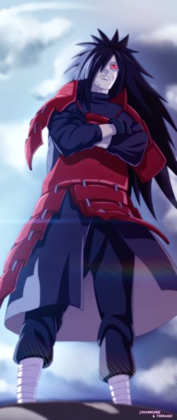 Anime picture 660x1564 with naruto studio pierrot naruto (series) uchiha madara silvercore94 single long hair tall image fringe black hair red eyes sky cloud (clouds) sunlight hair over one eye from below coloring crossed arms sharingan boy