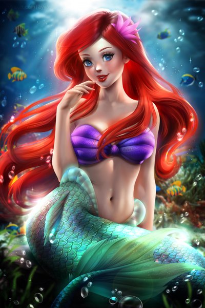 Anime picture 4000x6000 with the little mermaid disney ariel ayyasap single long hair tall image looking at viewer fringe highres breasts blue eyes light erotic large breasts sitting absurdres red hair parted lips hair flower realistic