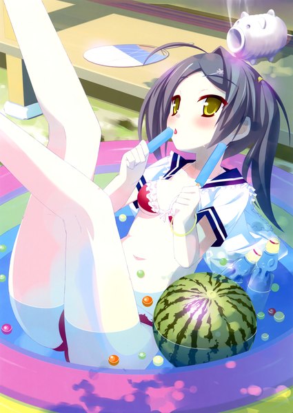 Anime picture 3255x4600 with original kannagi rei tall image blush highres short hair light erotic black hair yellow eyes absurdres legs up girl swimsuit bikini food sweets ice cream bottle berry (berries) sailor suit