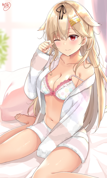 Anime picture 1000x1654 with kantai collection yuudachi destroyer akino ell single long hair tall image blush fringe breasts light erotic blonde hair smile hair between eyes red eyes sitting signed looking away cleavage indoors nail polish