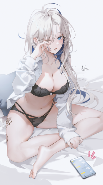 Anime picture 1100x1979 with original naru single long hair tall image looking at viewer fringe breasts open mouth blue eyes light erotic simple background hair between eyes large breasts white background sitting cleavage silver hair full body multicolored hair