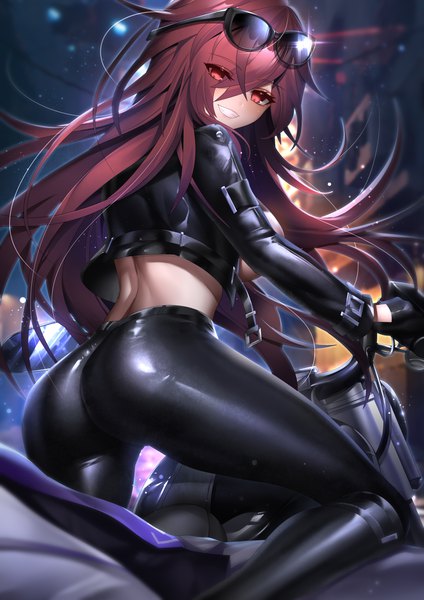 Anime picture 2480x3508 with elsword elesis (elsword) been single long hair tall image looking at viewer blush fringe highres breasts light erotic smile red eyes large breasts bent knee (knees) outdoors ass red hair long sleeves