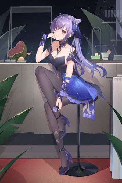 Anime picture 4000x6000 with genshin impact keqing (genshin impact) keqing (opulent splendor) (genshin impact) hei yubai yuan single long hair tall image looking at viewer fringe highres breasts hair between eyes large breasts sitting purple eyes twintails bare shoulders payot absurdres purple hair