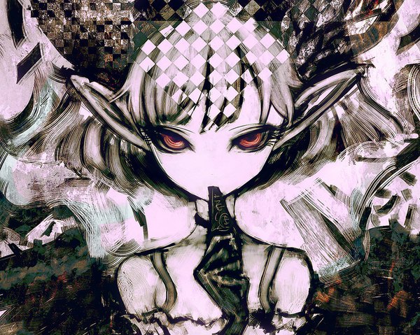 Anime picture 1024x819 with c: the money of soul and possibility control q (control) single short hair red eyes bare shoulders pointy ears monochrome eating girl gloves card (cards)