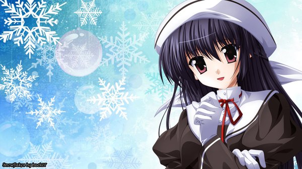 Anime picture 1366x768 with ef a fairy tale of the two amamiya yuuko single long hair black hair red eyes wide image girl uniform school uniform hat snowflake (snowflakes)