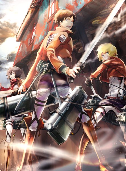 Anime picture 1099x1490 with shingeki no kyojin production i.g mikasa ackerman eren yaeger armin arlert renon (tenle) tall image short hair open mouth blue eyes black hair blonde hair holding sky cloud (clouds) looking back sunlight multiple boys grey eyes smoke