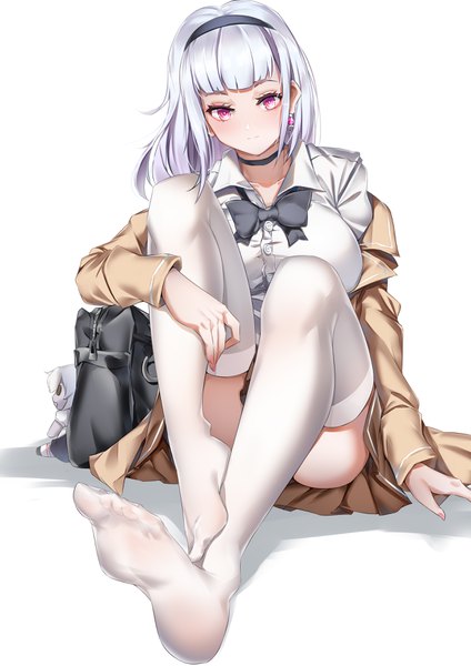 Anime picture 2480x3508 with azur lane dido (azur lane) lubikaya1 single long hair tall image looking at viewer blush fringe highres breasts light erotic simple background large breasts white background sitting full body bent knee (knees) blunt bangs pink eyes