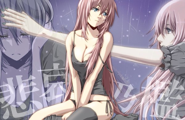 Anime picture 1500x975 with vocaloid megurine luka no10 (artist) long hair blue eyes light erotic pink hair cleavage eyes closed tears outstretched arm girl thighhighs underwear panties black thighhighs