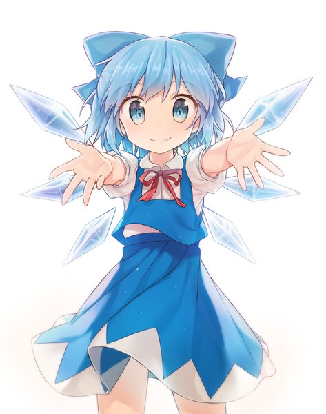 Anime picture 1024x1298 with touhou cirno shnva single tall image looking at viewer short hair blue eyes simple background smile white background blue hair spread arms girl dress bow hair bow wings