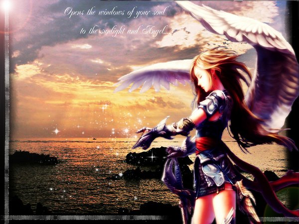 Anime picture 1024x768 with inscription angel wings valkyrie girl wings sea watercraft boat