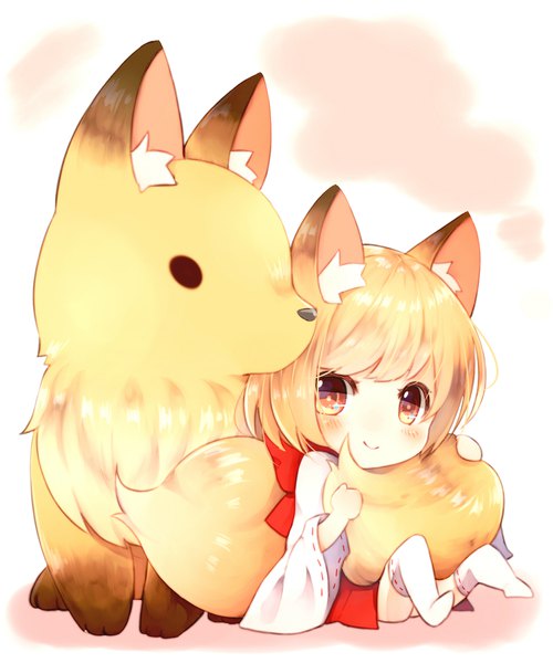 Anime picture 1666x2000 with original chita (ketchup) single tall image looking at viewer blush fringe short hair simple background blonde hair smile white background sitting brown eyes animal ears looking away tail animal tail wide sleeves fox ears